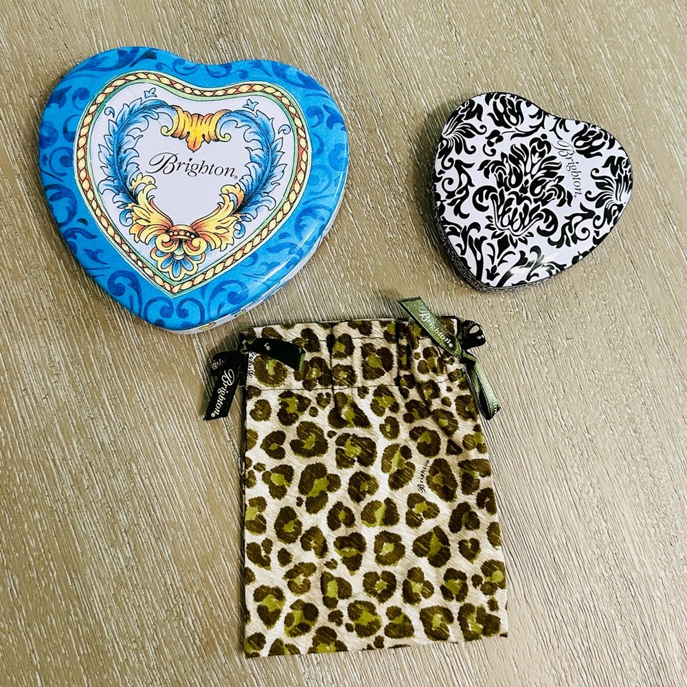 Lot of 2 – Brighton Heart Shaped Tin Boxes w/ Inscriptions & 1 Jewelry Pouch